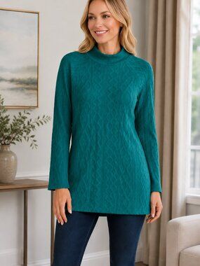 T by Talbots NWT S Teal Mock Neck Textured Knit Long Sleeve Longline Sweater Top